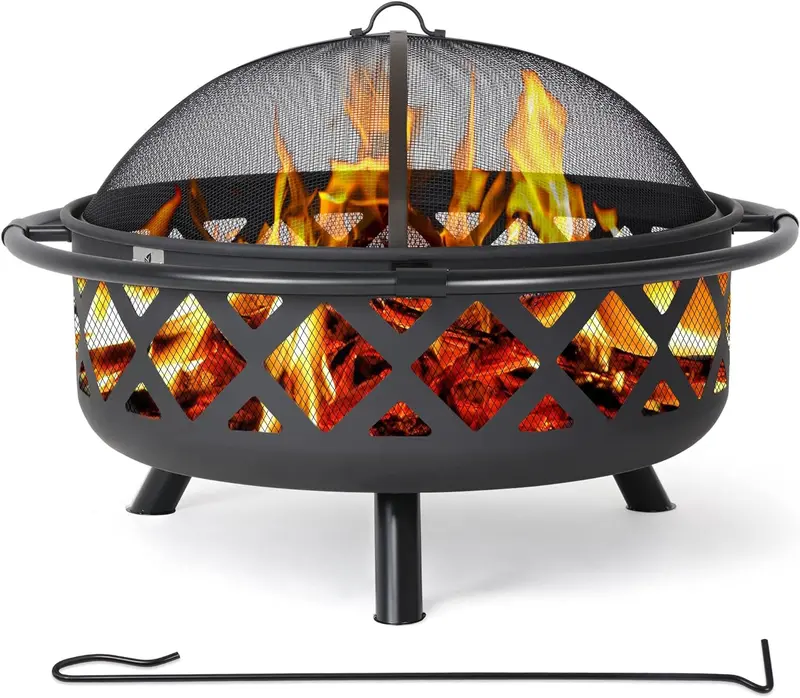 SUNCREAT 42-inch Outdoor Wood-Burning Fire Pit with Spark Screen & Poker – Black