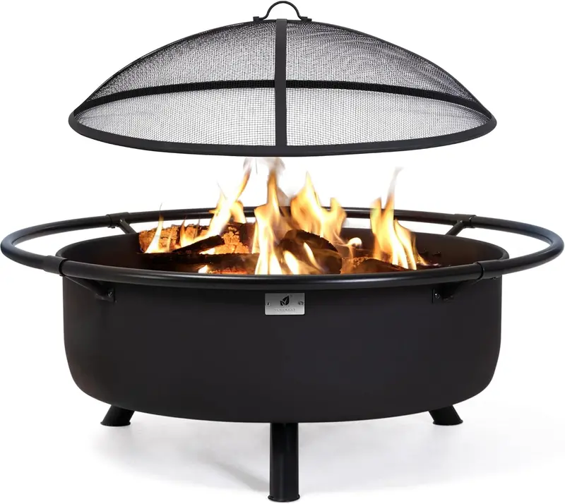 SUNCREAT 42-inch Outdoor Wood-Burning Fire Pit with Spark Screen & Poker – Black