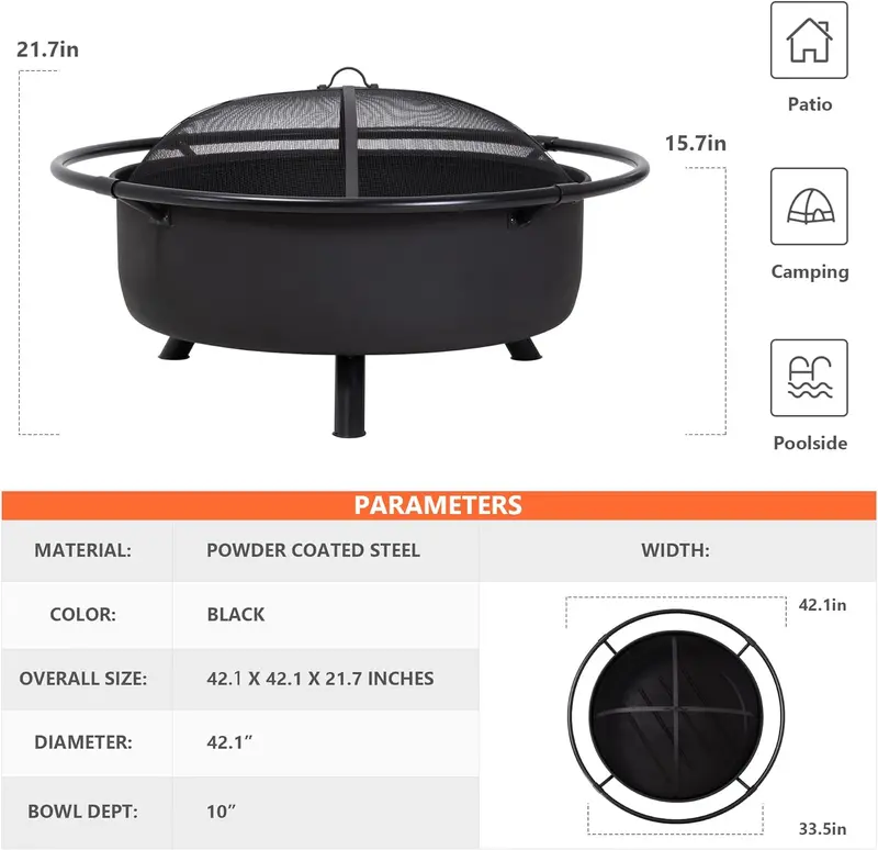 SUNCREAT 42-inch Outdoor Wood-Burning Fire Pit with Spark Screen & Poker – Black
