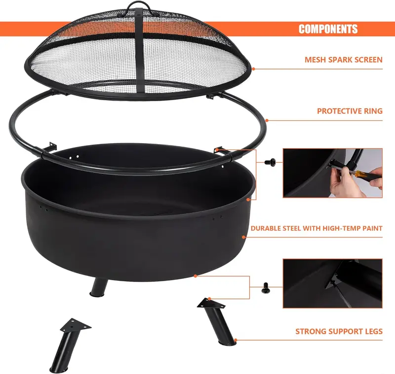 SUNCREAT 42-inch Outdoor Wood-Burning Fire Pit with Spark Screen & Poker – Black