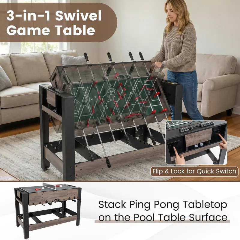 Swivel 3-in-1 Game Table Featuring Foosball, Pool, and Table Tennis Surfaces 2