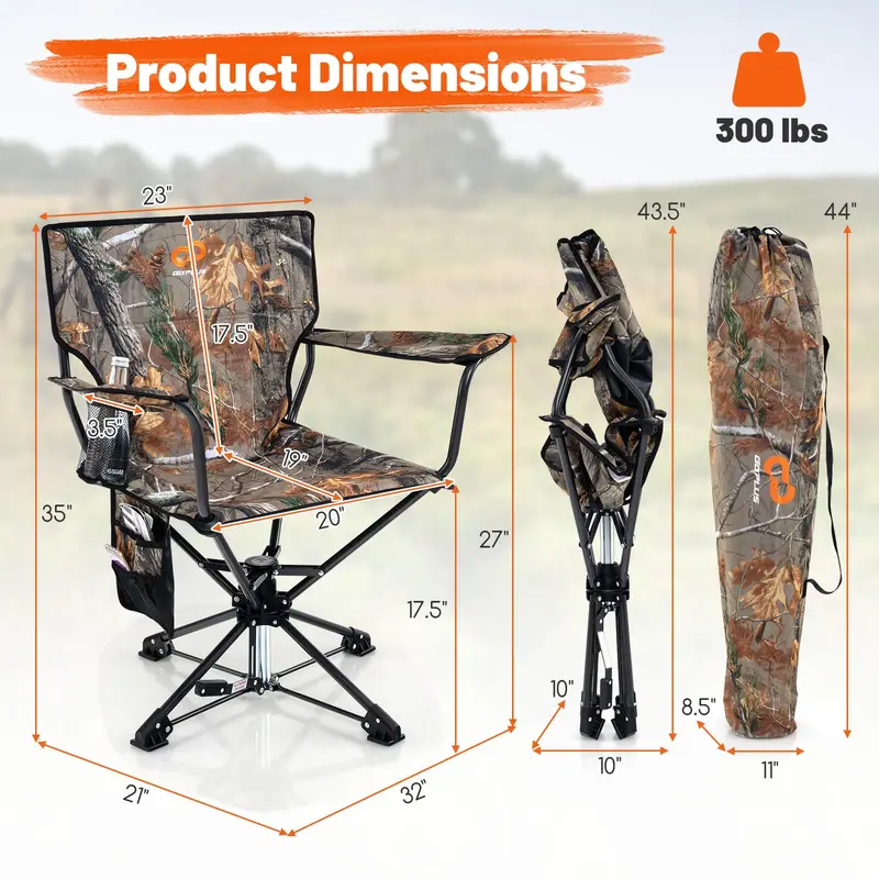 Swivel Hunting and Camping Chair for Adults – Includes Cup Holder and Carry Bag