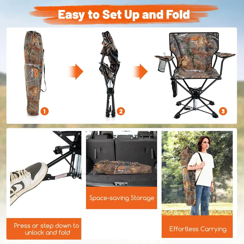Swivel Hunting and Camping Chair for Adults – Includes Cup Holder and Carry Bag