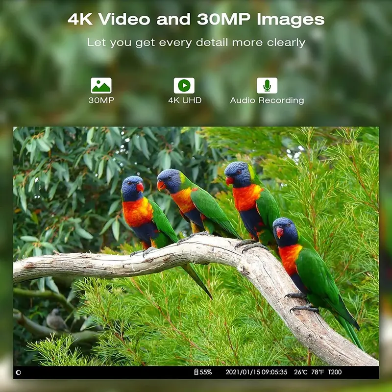T200 Solar-Powered 4K Trail Camera – 30MP Imaging, WiFi & Bluetooth Connectivity for Wildlife Monitoring
