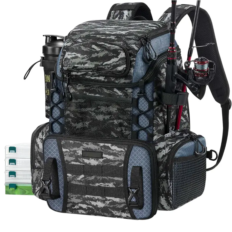 Tackle-Ready Fishing Backpack – Water-Resistant Design with Rod Holders and Four Storage Boxes