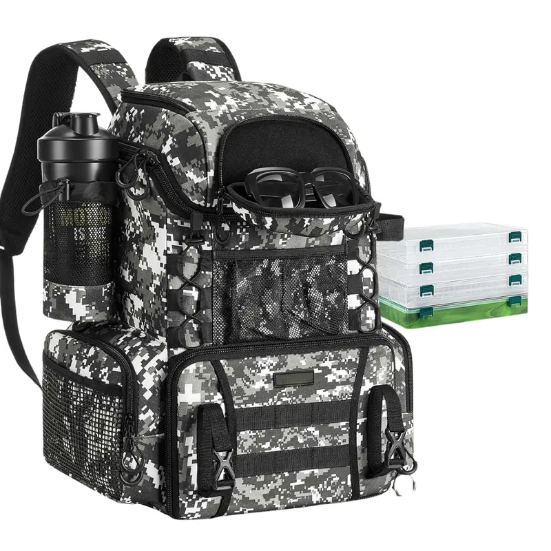 Tackle-Ready Fishing Backpack – Water-Resistant Design with Rod Holders and Four Storage Boxes