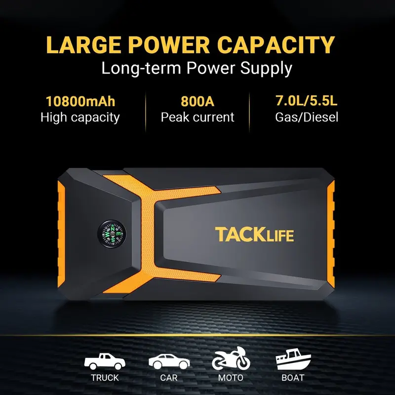 TACKLIFE T8 800A Car Jump Starter – 18000mAh, Supports Gas (7.0L) & Diesel (5.5L), Quick-Charge & Safety Protection