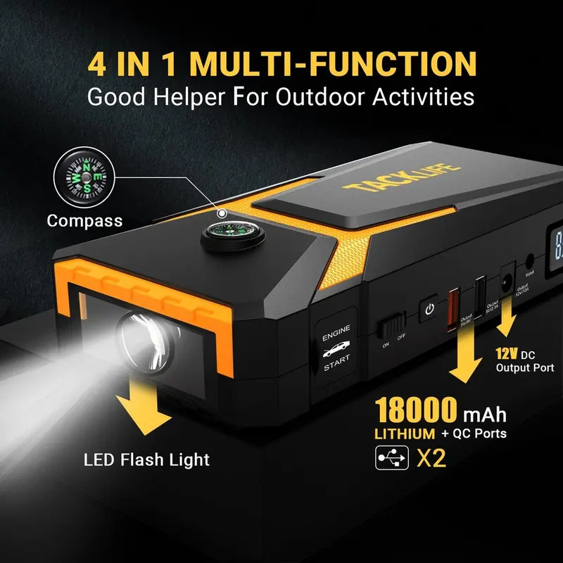 TACKLIFE T8 800A Car Jump Starter – 18000mAh, Supports Gas (7.0L) & Diesel (5.5L), Quick-Charge & Safety Protection