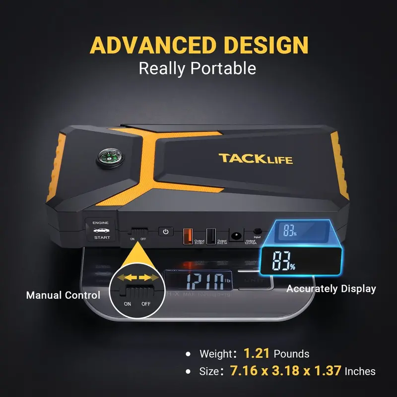 TACKLIFE T8 800A Car Jump Starter – 18000mAh, Supports Gas (7.0L) & Diesel (5.5L), Quick-Charge & Safety Protection