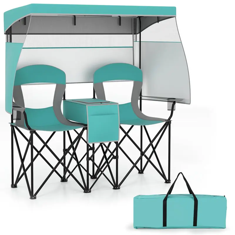 Tandem Beach Chair Set – Dual-Seater with Roll-Up Shade, Cooler Bag, Cup Holders & Carry Pouch
