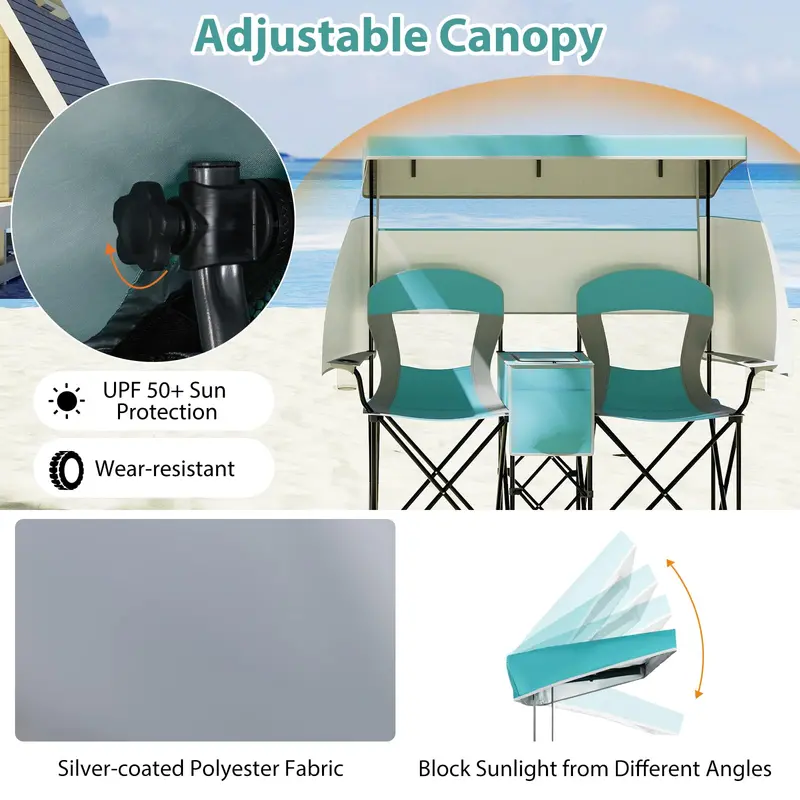 Tandem Beach Chair Set – Dual-Seater with Roll-Up Shade, Cooler Bag, Cup Holders & Carry Pouch 2