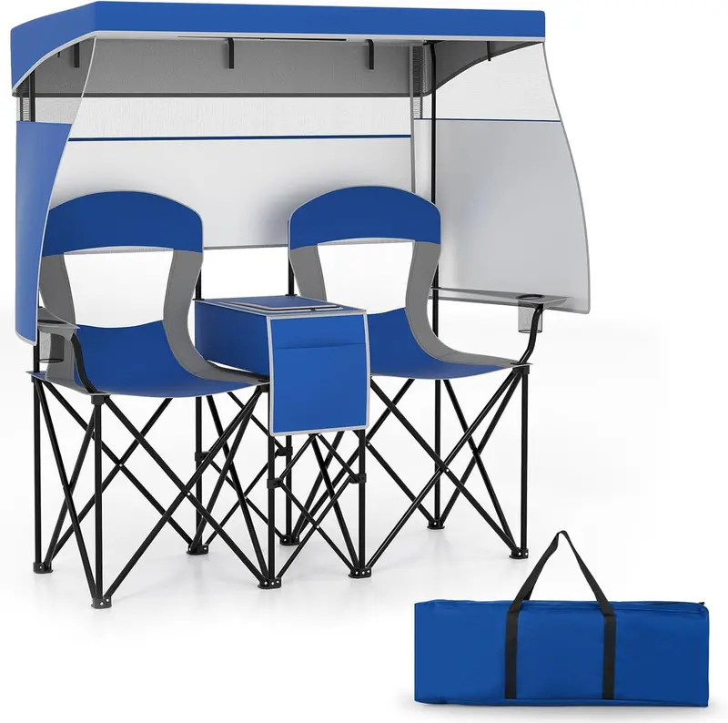 Tandem Beach Chair Set – Dual-Seater with Roll-Up Shade, Cooler Bag, Cup Holders & Carry Pouch
