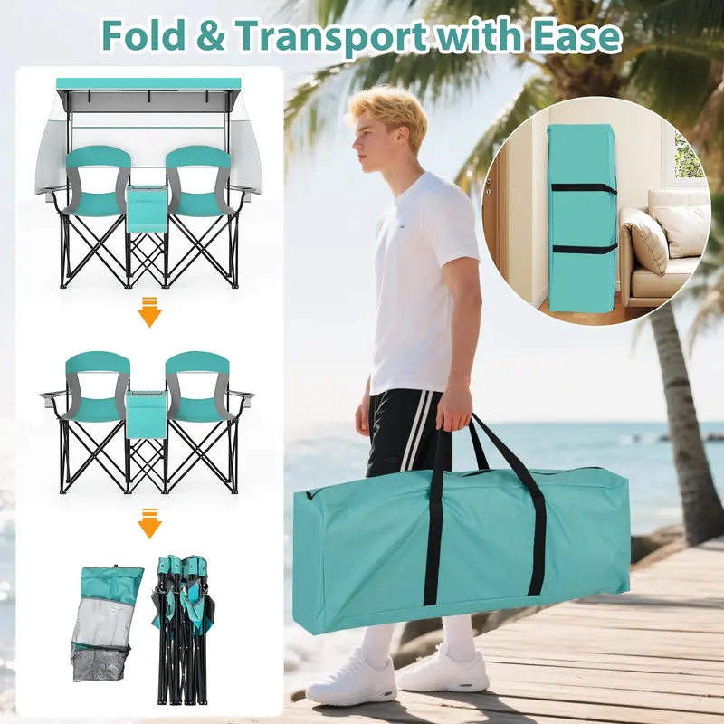 Tandem Beach Chair Set – Dual-Seater with Roll-Up Shade, Cooler Bag, Cup Holders & Carry Pouch