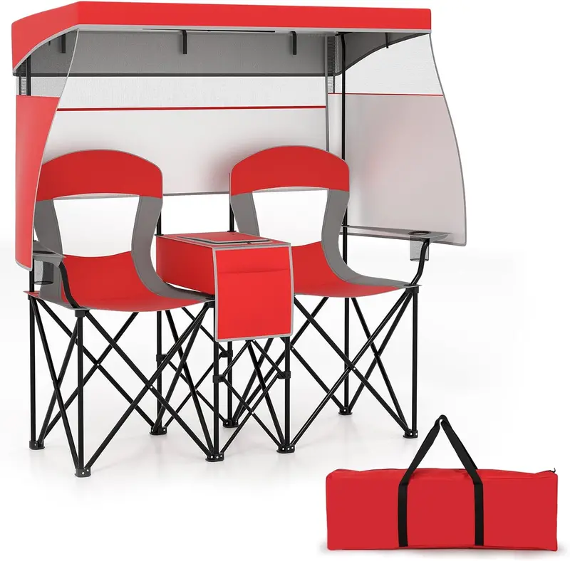 Tandem Beach Chair Set – Dual-Seater with Roll-Up Shade, Cooler Bag, Cup Holders & Carry Pouch