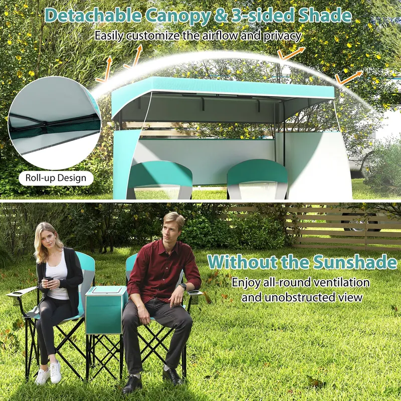 Tandem Beach Chair Set – Dual-Seater with Roll-Up Shade, Cooler Bag, Cup Holders & Carry Pouch