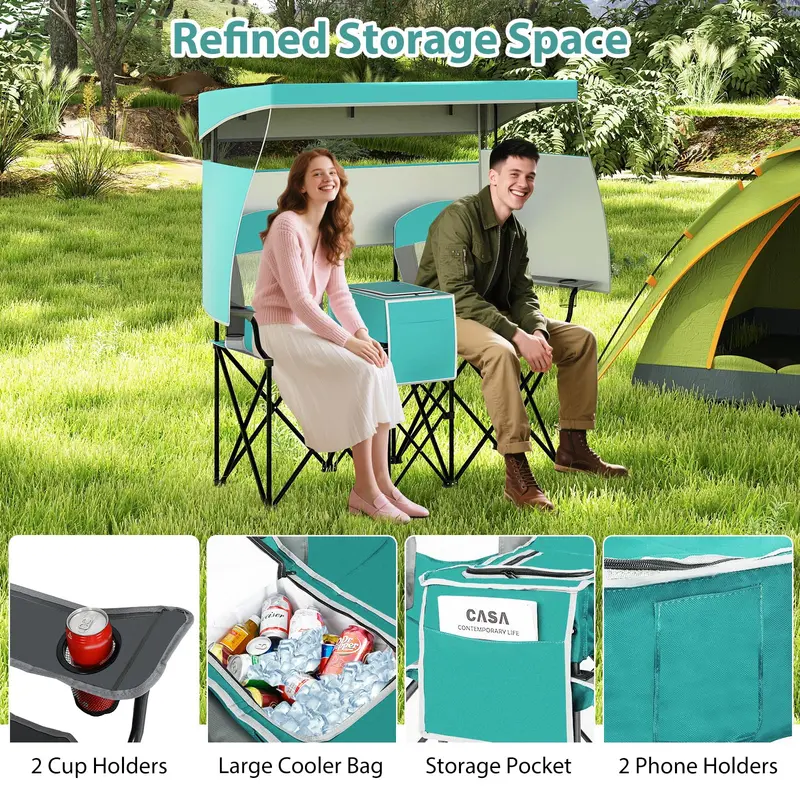 Tandem Beach Chair Set – Dual-Seater with Roll-Up Shade, Cooler Bag, Cup Holders & Carry Pouch