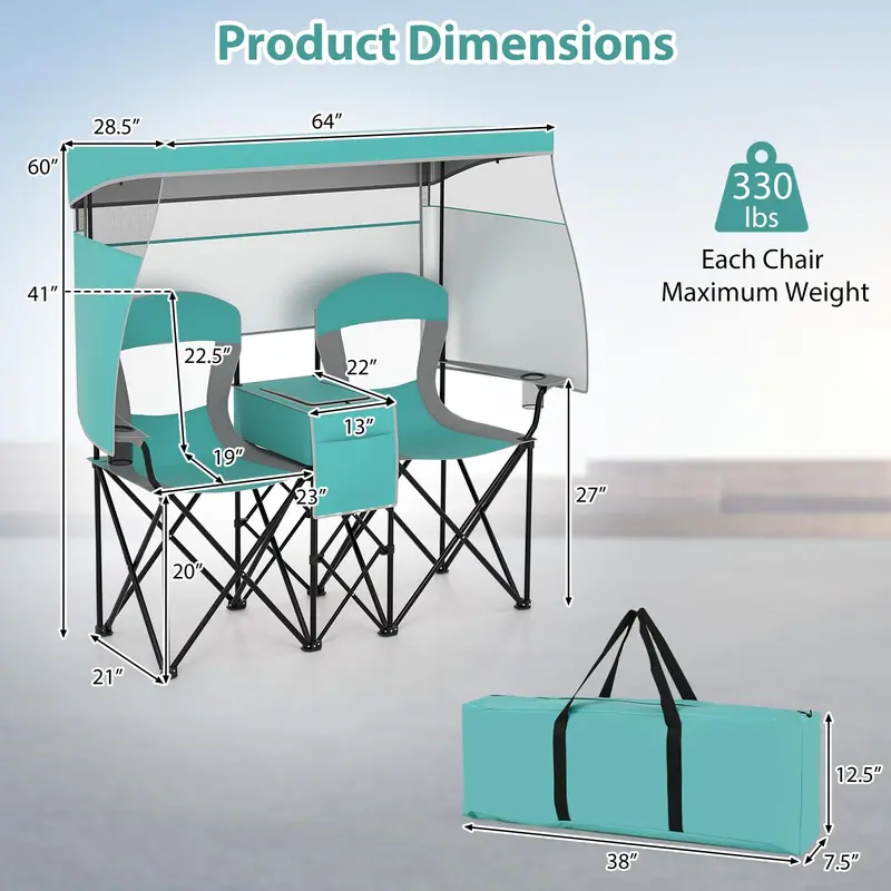 Tandem Beach Chair Set – Dual-Seater with Roll-Up Shade, Cooler Bag, Cup Holders & Carry Pouch