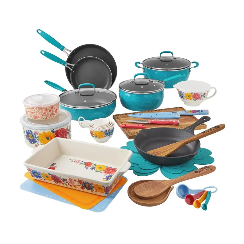 The Pioneer Woman Floral Cookware Set – 38-Piece Teal Nonstick Collection for Everyday Cooking