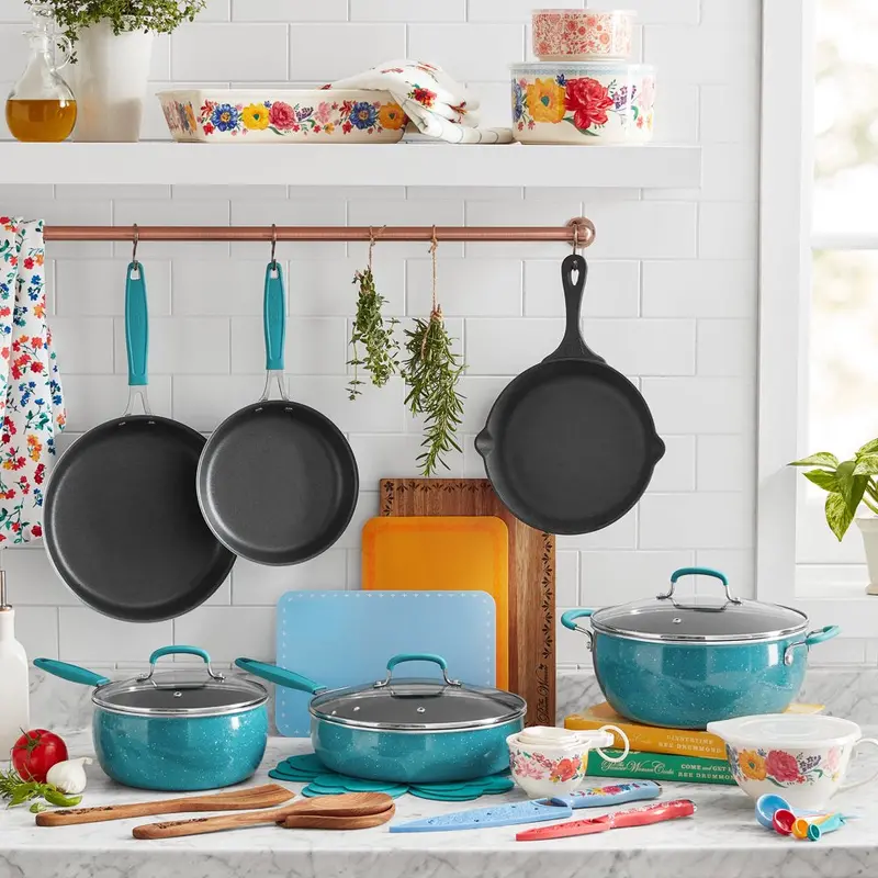 The Pioneer Woman Floral Cookware Set – 38-Piece Teal Nonstick Collection for Everyday Cooking