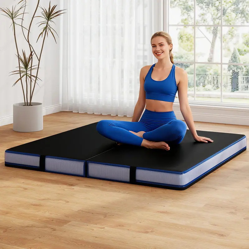 Thickened 4' x 4' Bi-Fold Fitness Mat – 4" Dense Foam with PU Leather Cover & Transport Handles