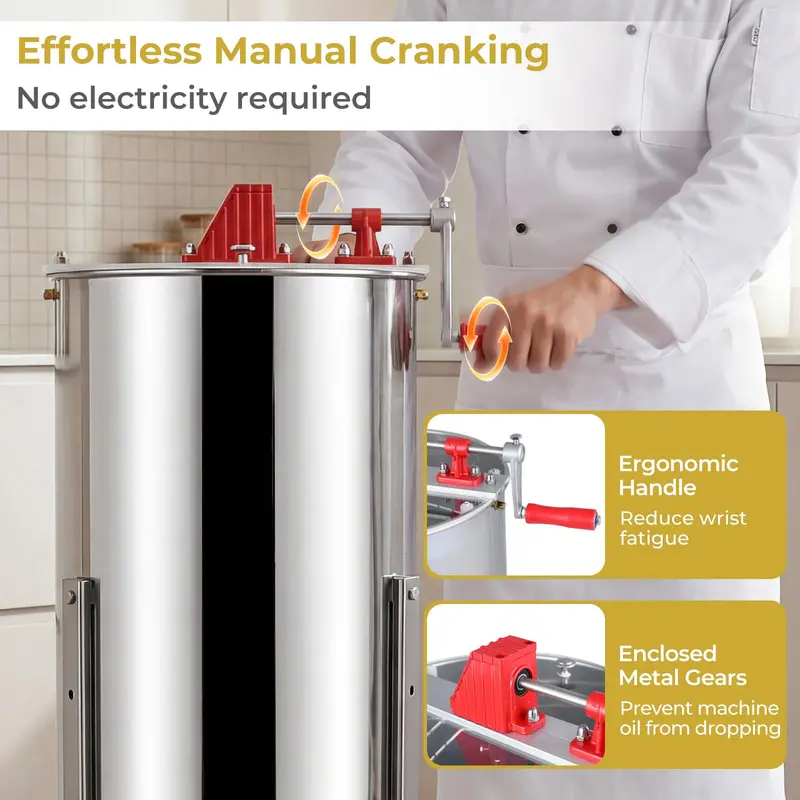 Three-Frame Honey Extractor with Gravity-Flow Bottom Valve and Transparent Viewing Lid