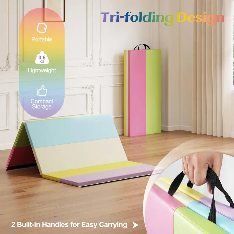 Three-Panel Folding Tumbling Mat – 6' x 4' Gymnastics Training Pad with Carrying Handles