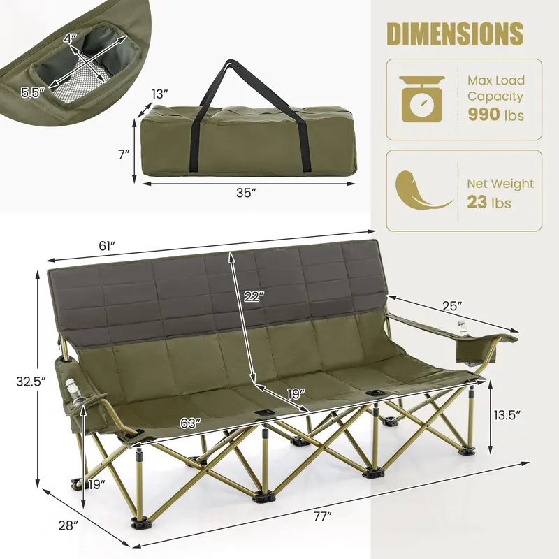 Three-Person Oversized Folding Camping Couch Chair for Outdoor Relaxation