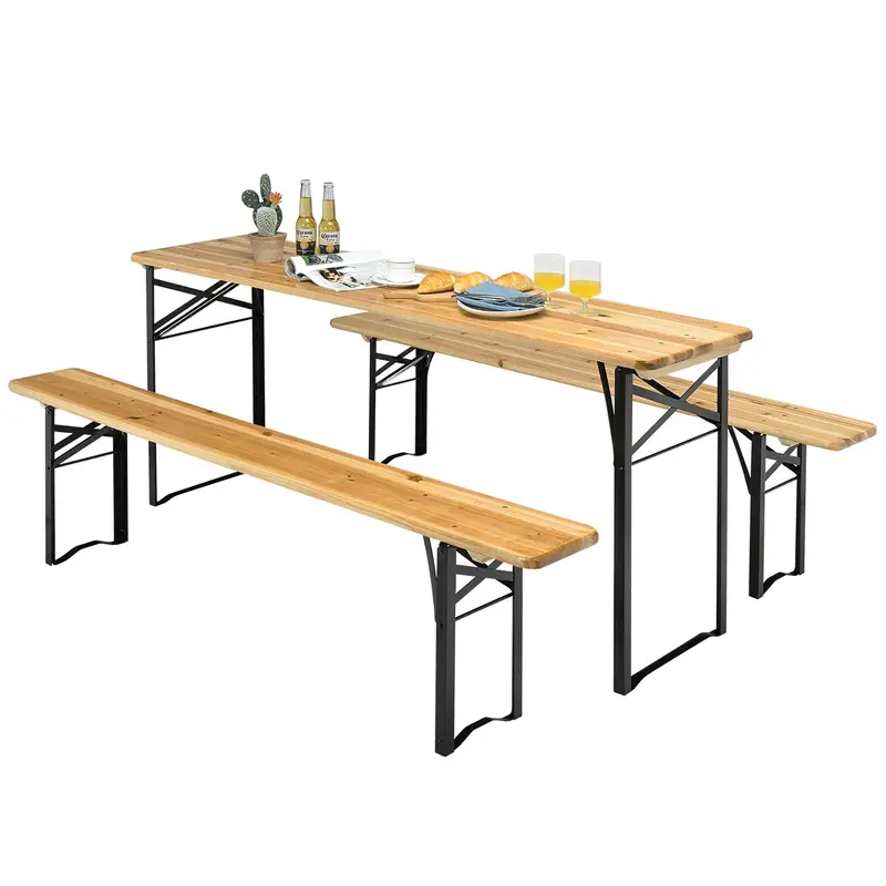 Three-Piece Folding Picnic Table and Bench Set with Wooden Top (70" Total)