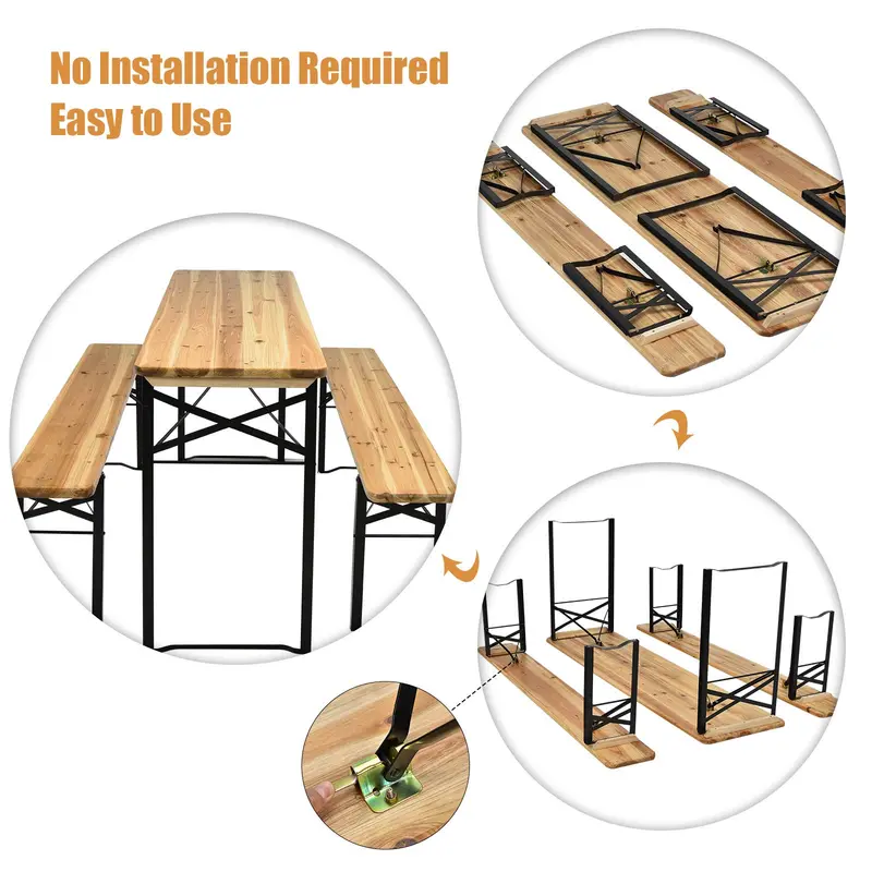 Three-Piece Folding Picnic Table and Bench Set with Wooden Top (70" Total)