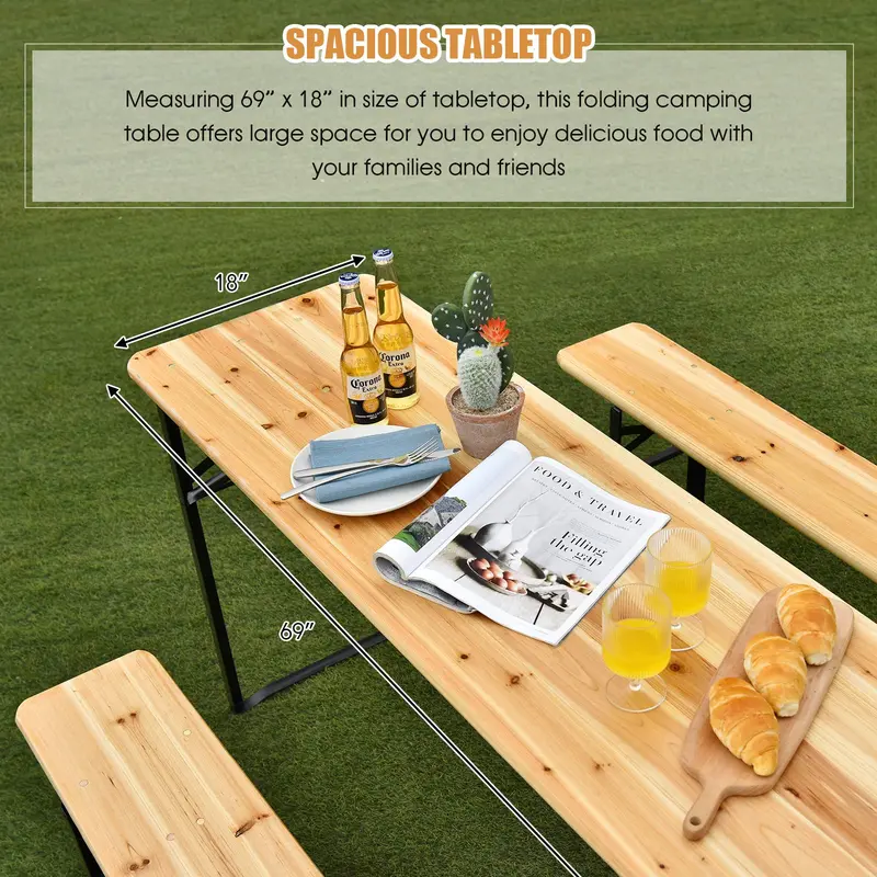 Three-Piece Folding Picnic Table and Bench Set with Wooden Top (70" Total)