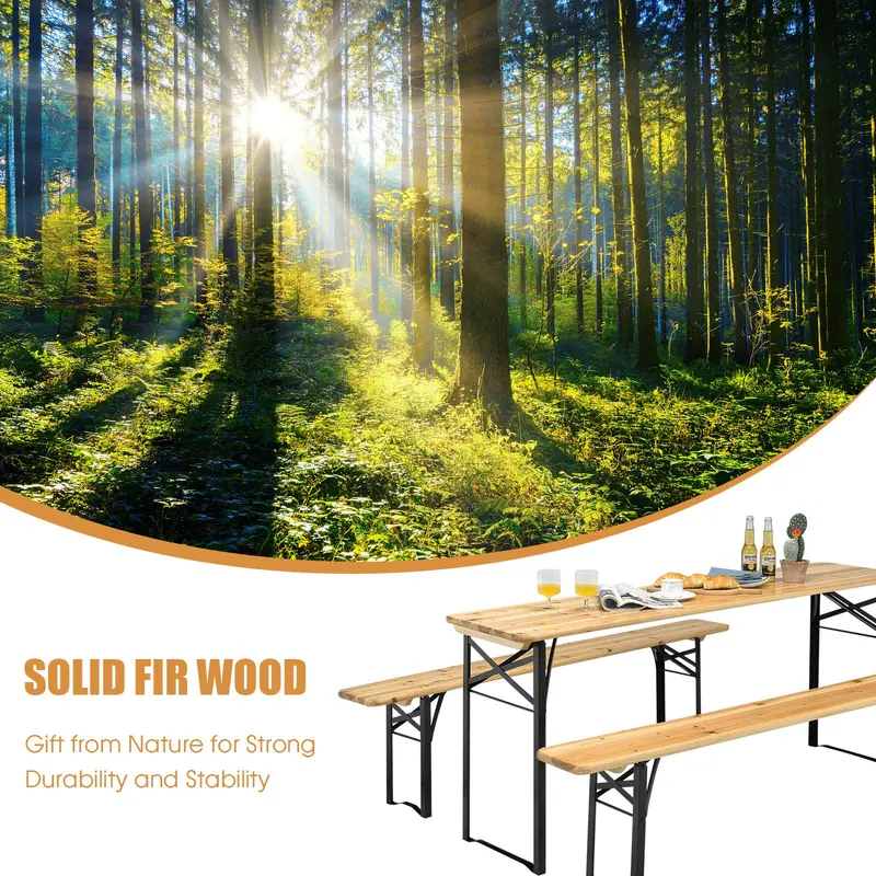 Three-Piece Folding Picnic Table and Bench Set with Wooden Top (70" Total)