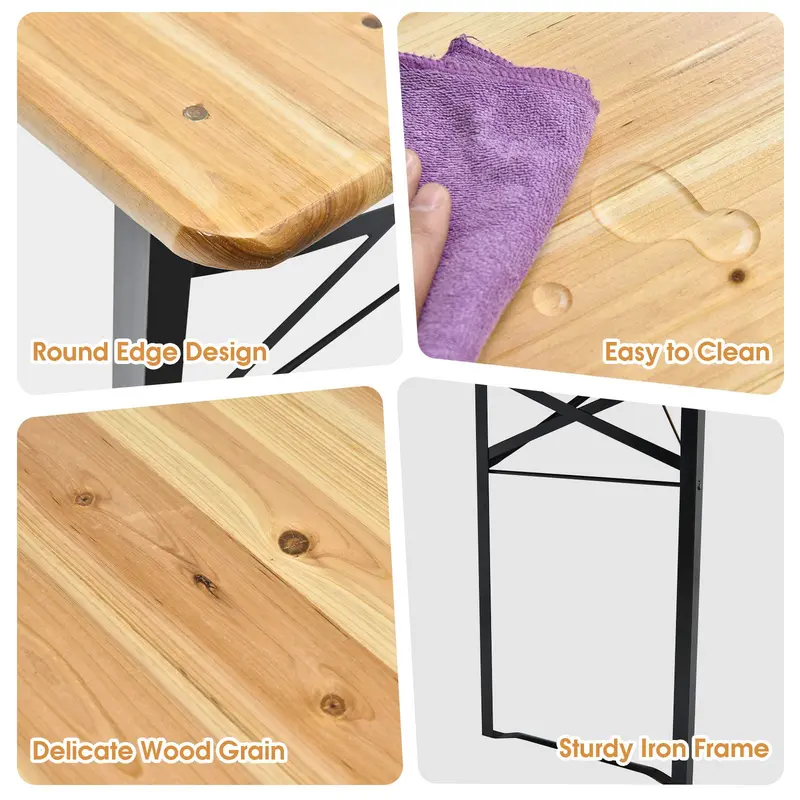 Three-Piece Folding Picnic Table and Bench Set with Wooden Top (70" Total)