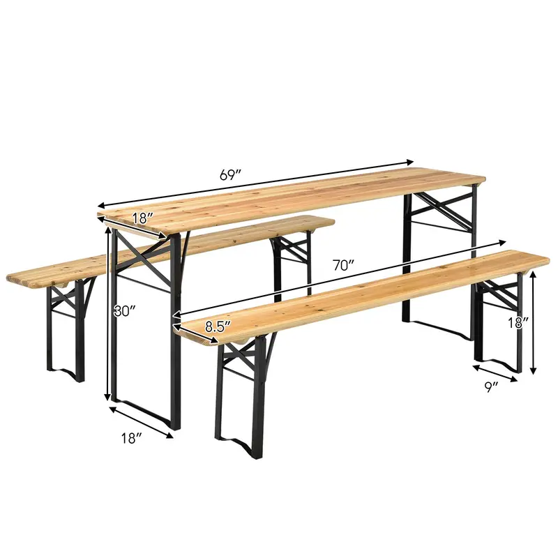 Three-Piece Folding Picnic Table and Bench Set with Wooden Top (70" Total)