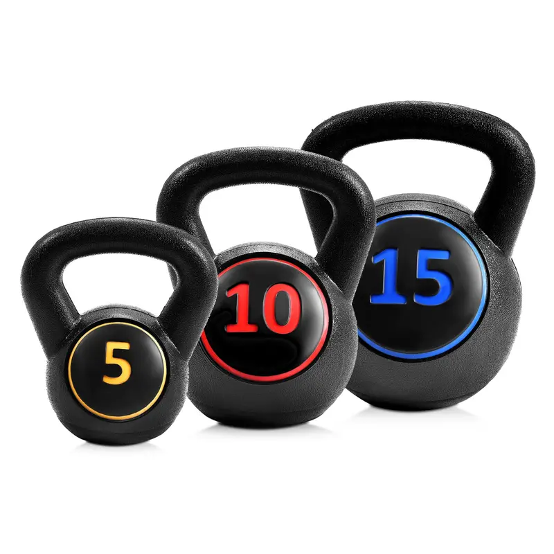 Three-Piece Kettlebell Set – HDPE-Coated Weights (5, 10, 15 lbs) for Home Fitness