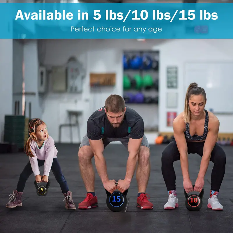 Three-Piece Kettlebell Set – HDPE-Coated Weights (5, 10, 15 lbs) for Home Fitness