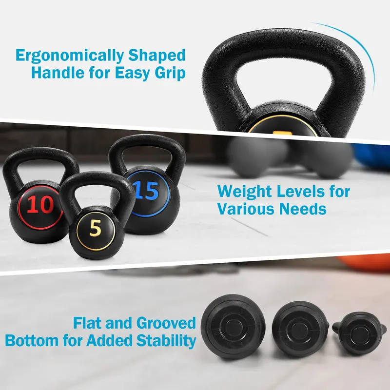 Three-Piece Kettlebell Set – HDPE-Coated Weights (5, 10, 15 lbs) for Home Fitness