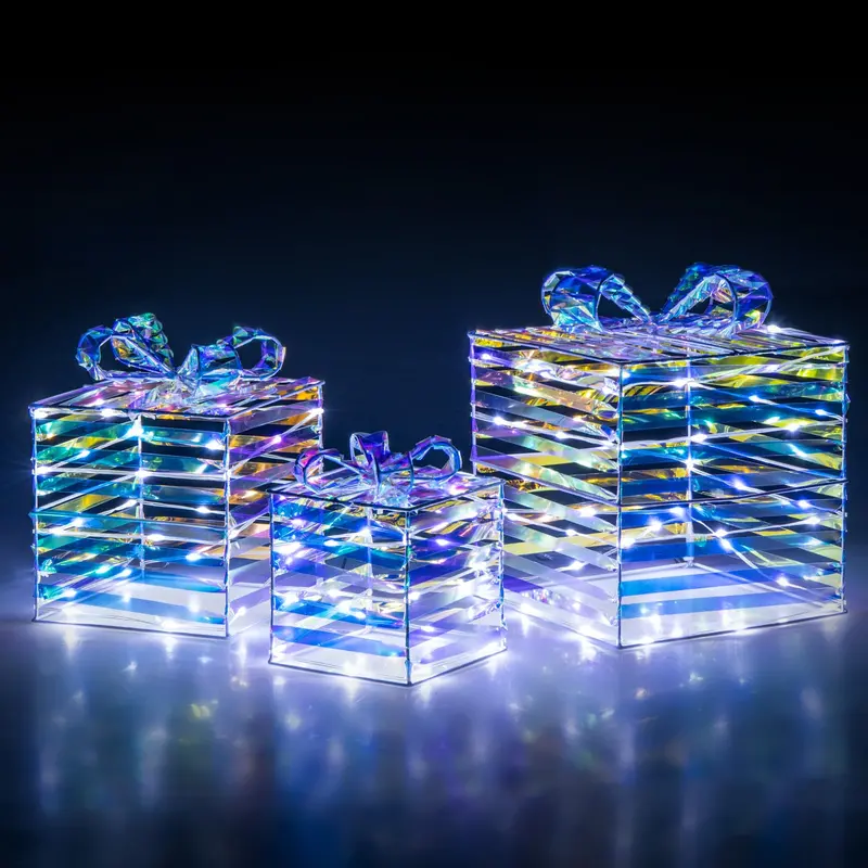 Three-Piece Lighted Gift Box Set — 90 LED-Illuminated Presents with Bows, Zip Ties & Ground Stakes
