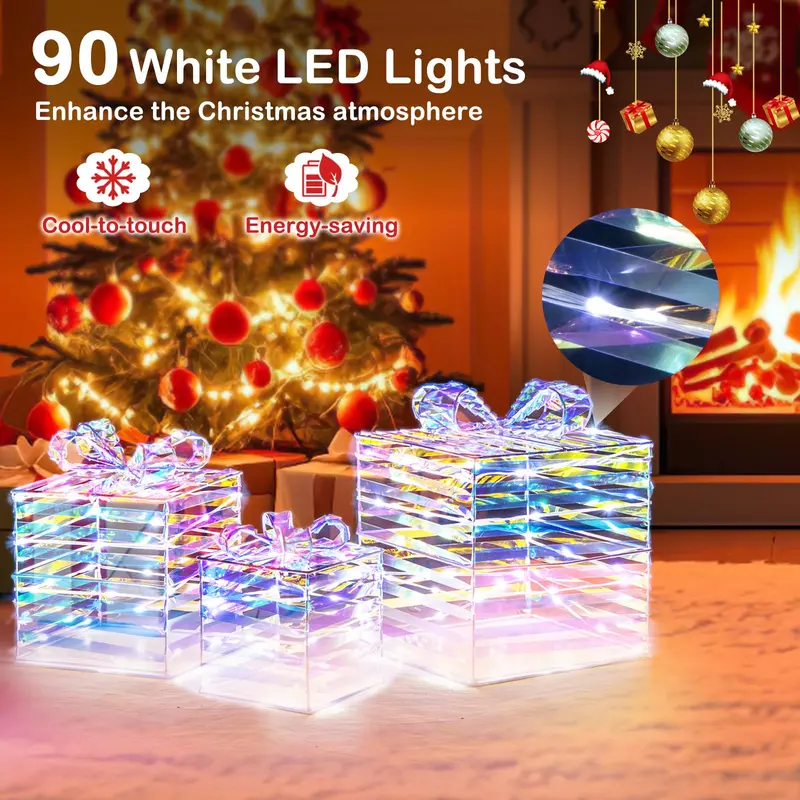 Three-Piece Lighted Gift Box Set — 90 LED-Illuminated Presents with Bows, Zip Ties & Ground Stakes 2