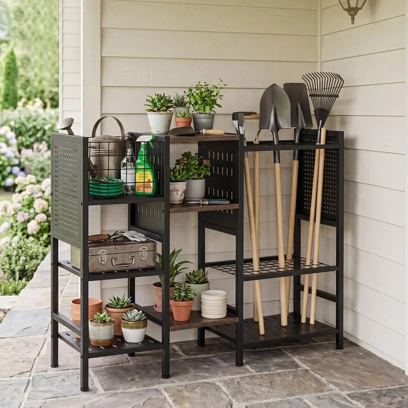 Three-Tier Garden Tool Organizer – 40-Inch Wide Wall-Mounted Rack with Natural Wood Shelves