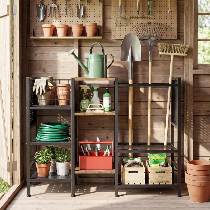 Three-Tier Garden Tool Organizer – 40-Inch Wide Wall-Mounted Rack with Natural Wood Shelves 2