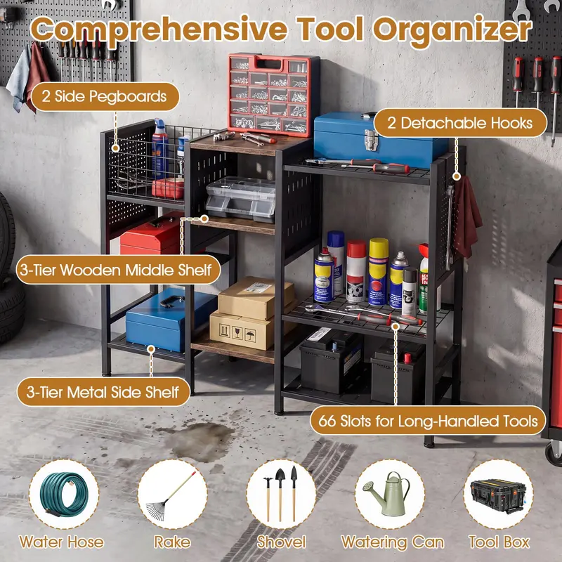Three-Tier Garden Tool Organizer – 40-Inch Wide Wall-Mounted Rack with Natural Wood Shelves