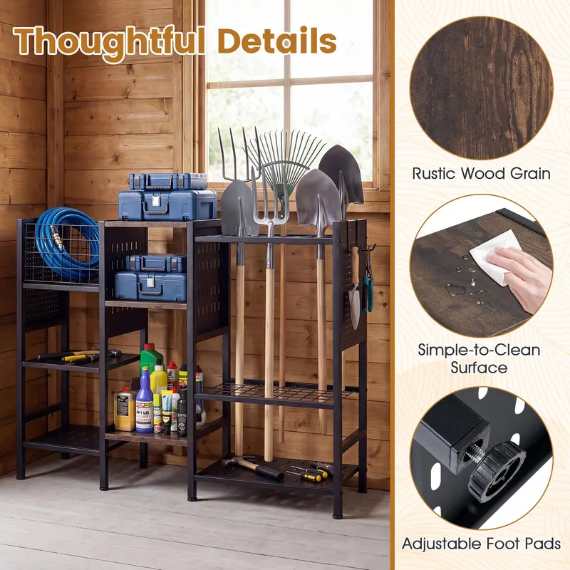 Three-Tier Garden Tool Organizer – 40-Inch Wide Wall-Mounted Rack with Natural Wood Shelves