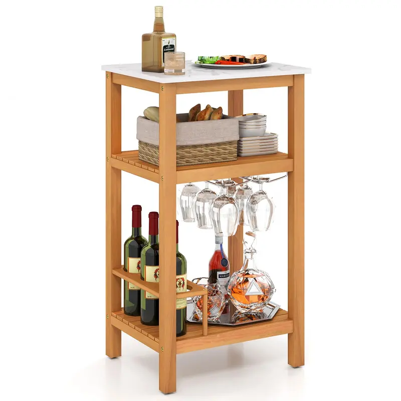 Three-Tier Patio Bar Cabinet – Faux Marble Countertop Serving Table for Outdoor Entertaining
