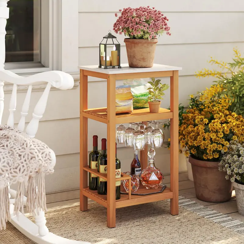 Three-Tier Patio Bar Cabinet – Faux Marble Countertop Serving Table for Outdoor Entertaining 2