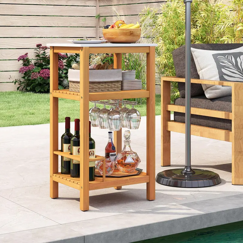 Three-Tier Patio Bar Cabinet – Faux Marble Countertop Serving Table for Outdoor Entertaining