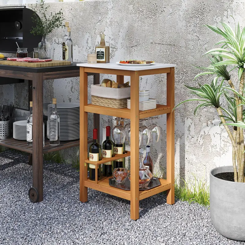 Three-Tier Patio Bar Cabinet – Faux Marble Countertop Serving Table for Outdoor Entertaining