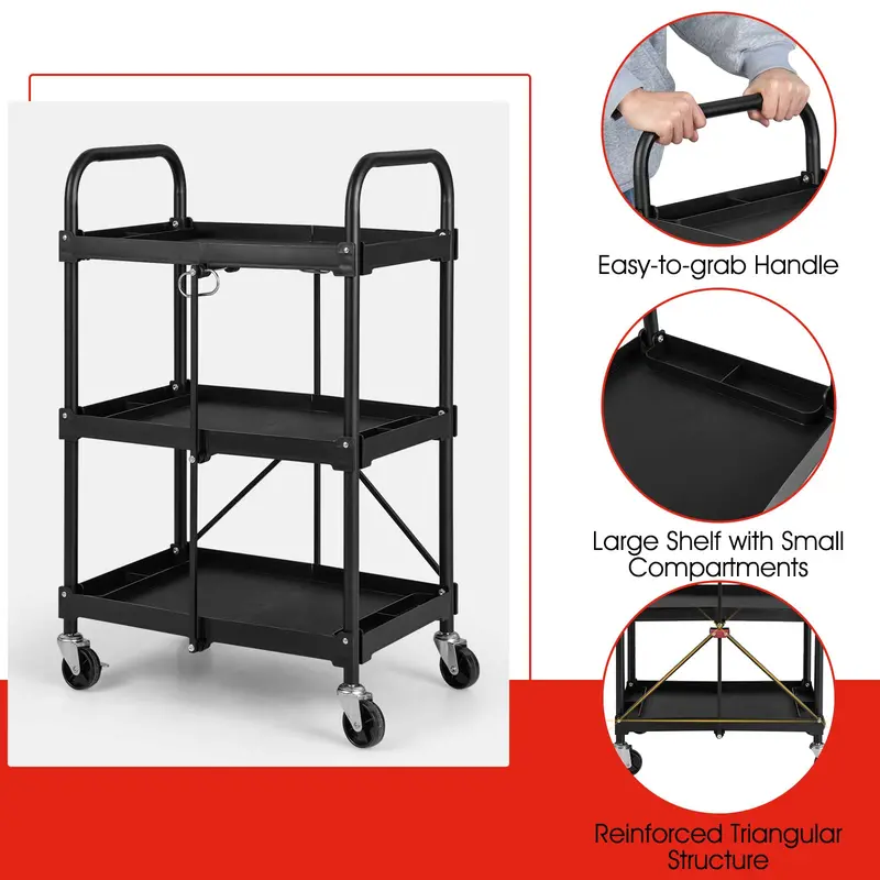 Three-Tier Rolling Utility Cart – Industrial-Strength Folding Tool Trolley with 330 LB Capacity