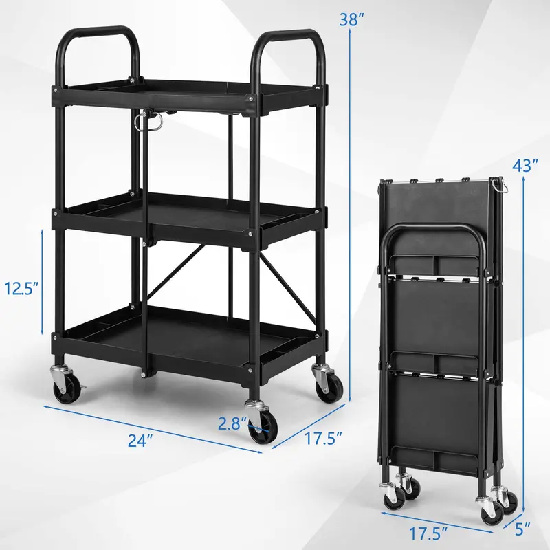 Three-Tier Rolling Utility Cart – Industrial-Strength Folding Tool Trolley with 330 LB Capacity