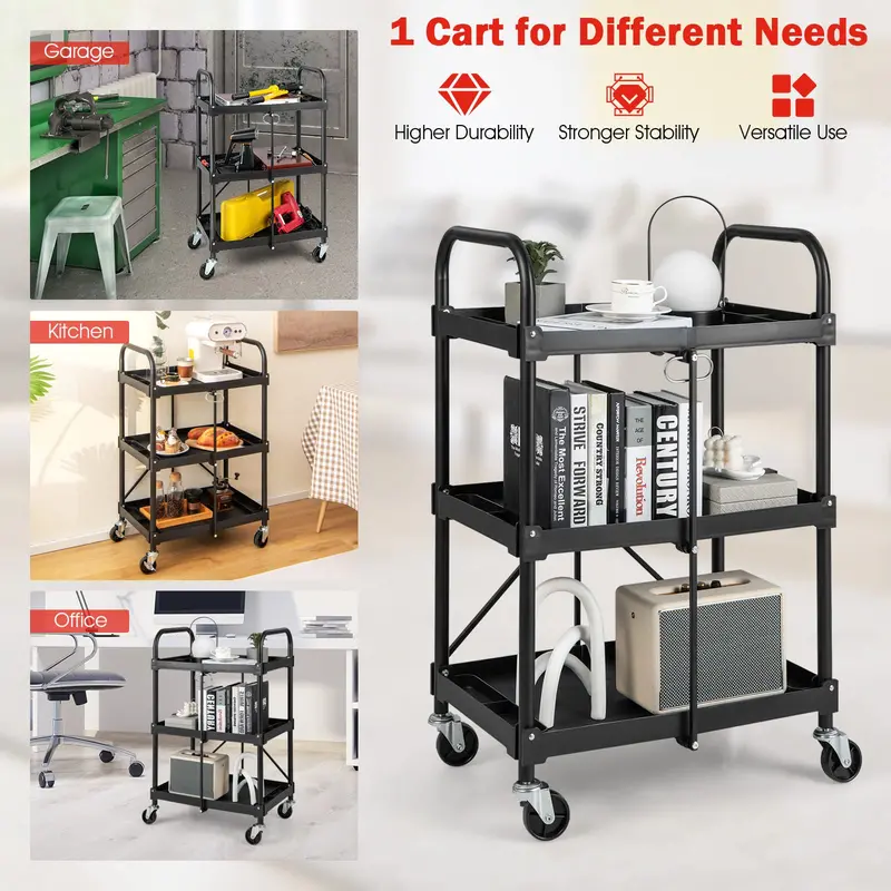Three-Tier Rolling Utility Cart – Industrial-Strength Folding Tool Trolley with 330 LB Capacity