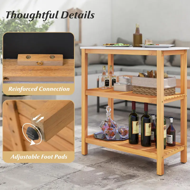 Three-Tier Wooden Patio Sideboard – 32" x 16" x 36" Outdoor Serving and Storage Unit